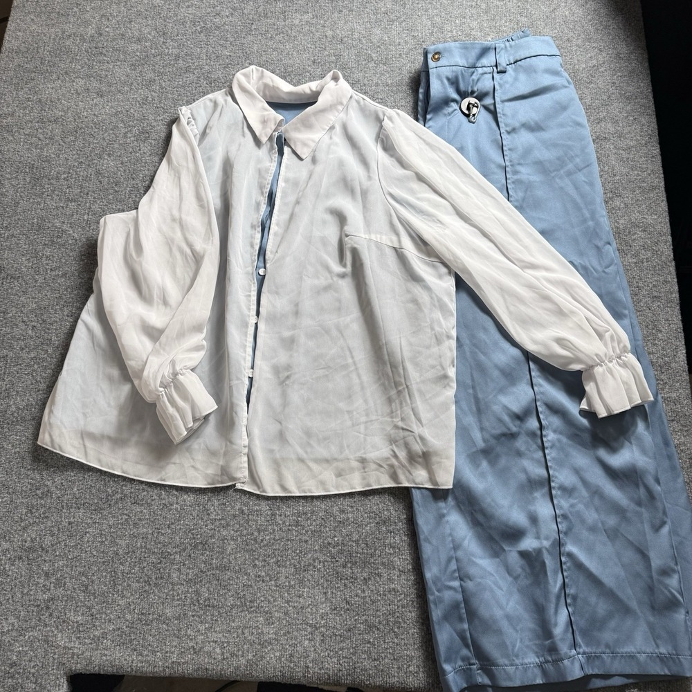 Light Blue Wide Leg Pants Set Sheer White Layered Long Sleeve Blouse 2 Piece 3X